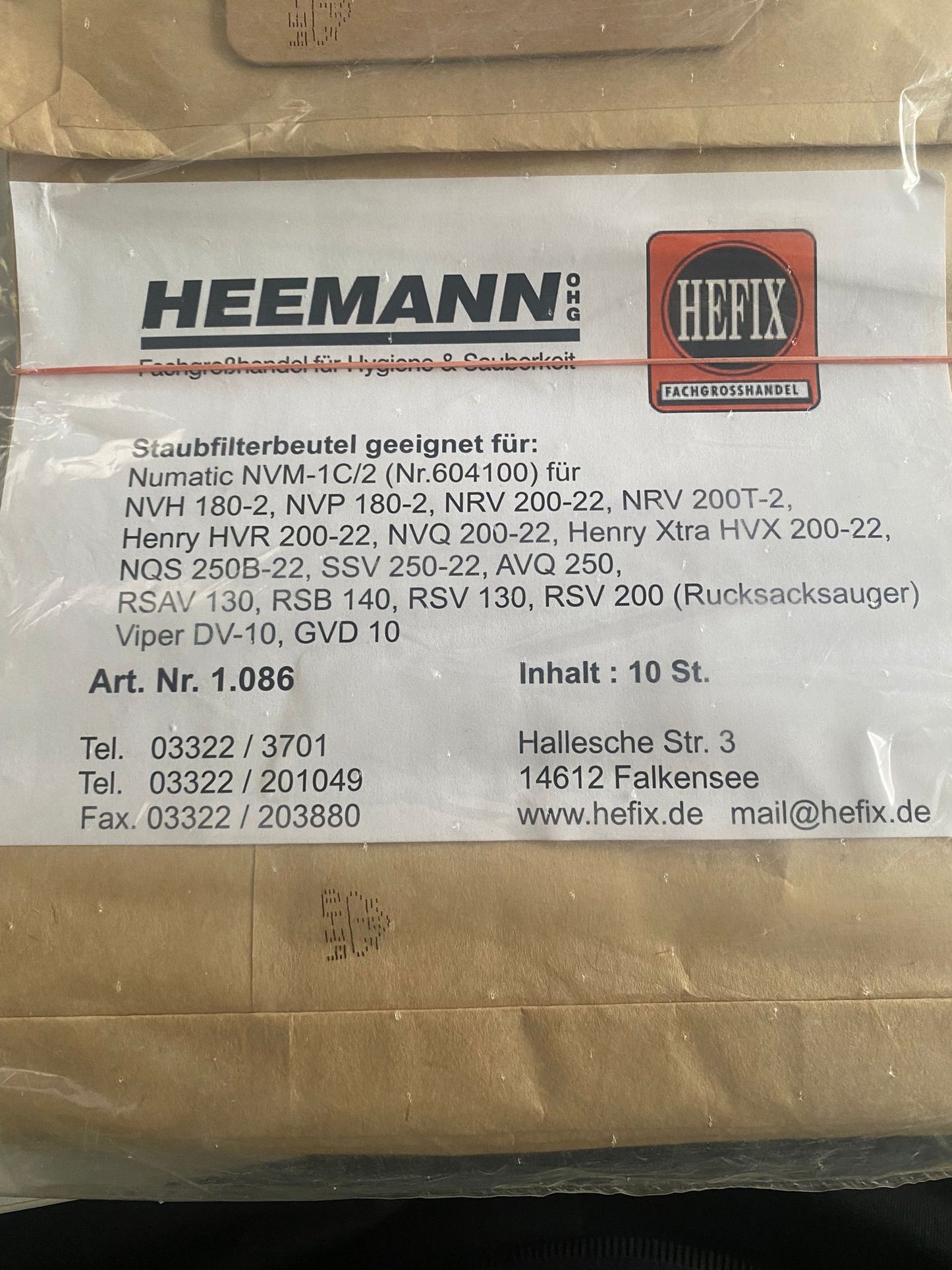 Hefix Staubfilterbeutel geeignet für diverse Sauger 1.086